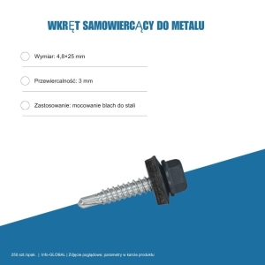 Wkręt samowiercący do metalu 4,8x25 mm, przewiercalność 3 mm, EPDM, 250 szt. – kolor do wyboru